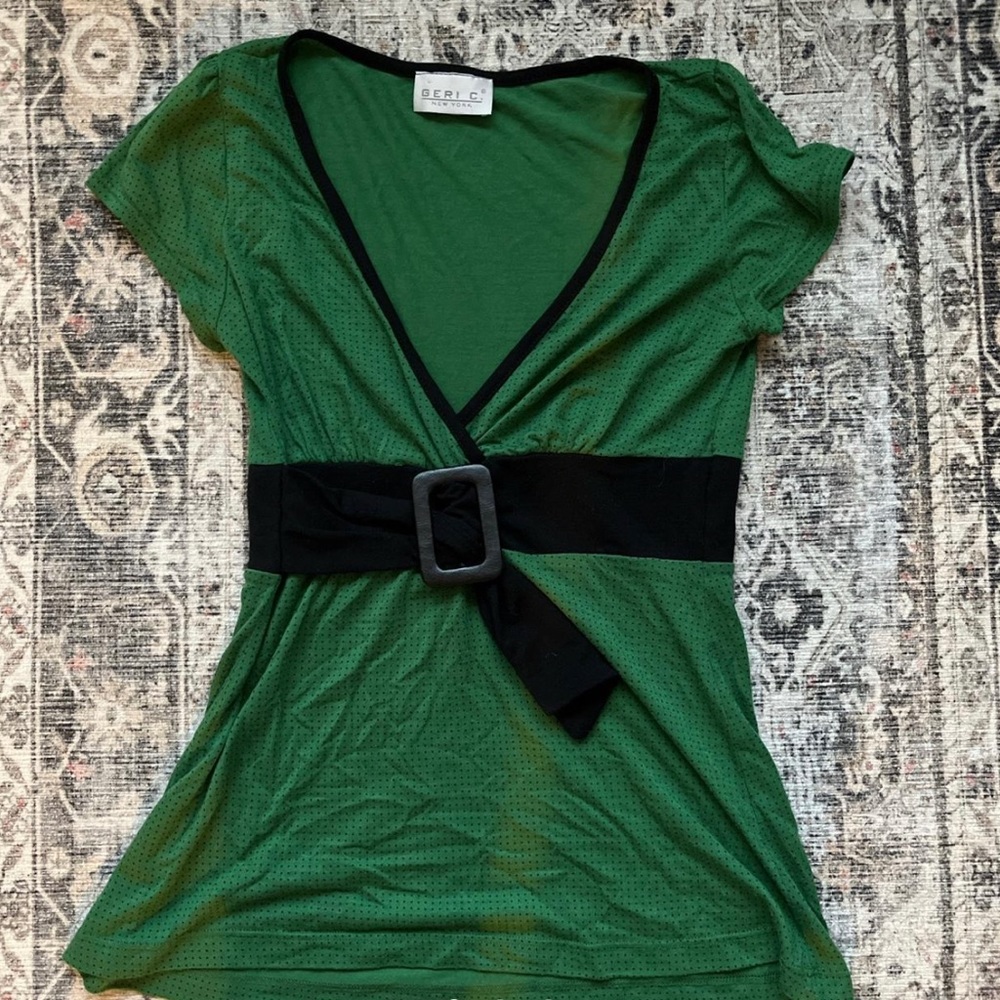 Green and black blouse with attached belt. Size medium.